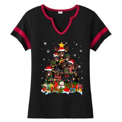 Rottweiler Dog Christmas Tree Lights Xmas Santa Hat Cute Gift Ladies Halftime Notch Neck Tee