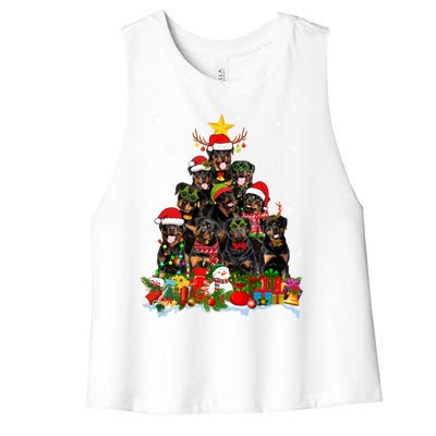 Rottweiler Dog Christmas Tree Lights Xmas Santa Hat Cute Gift Women's Racerback Cropped Tank