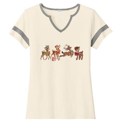 Retro Deer Christmas Baby Deer Xmas Reindeer Lover Ladies Halftime Notch Neck Tee