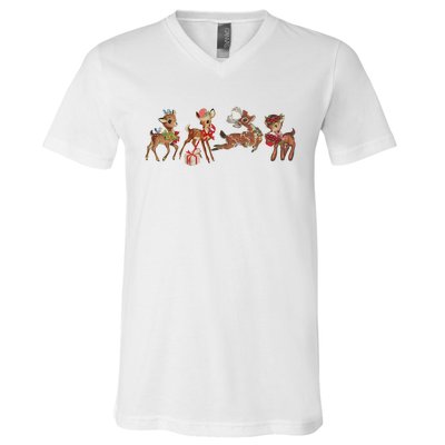 Retro Deer Christmas Baby Deer Xmas Reindeer Lover V-Neck T-Shirt