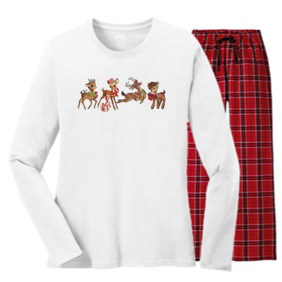 Retro Deer Christmas Baby Deer Xmas Reindeer Lover Women's Long Sleeve Flannel Pajama Set 