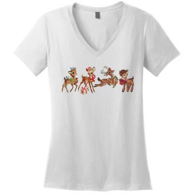 Retro Deer Christmas Baby Deer Xmas Reindeer Lover Women's V-Neck T-Shirt