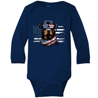 Rottweiler Dog Dad Dog Mom USA Flag 4th Of July Baby Long Sleeve Bodysuit