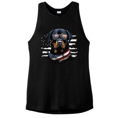 Rottweiler Dog Dad Dog Mom USA Flag 4th Of July Ladies PosiCharge Tri-Blend Wicking Tank