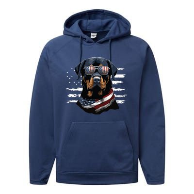 Rottweiler Dog Dad Dog Mom USA Flag 4th Of July Performance Fleece Hoodie