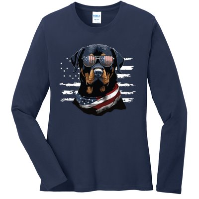 Rottweiler Dog Dad Dog Mom USA Flag 4th Of July Ladies Long Sleeve Shirt