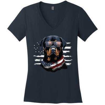 Rottweiler Dog Dad Dog Mom USA Flag 4th Of July Women's V-Neck T-Shirt