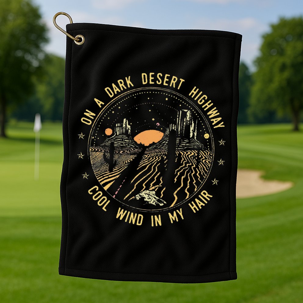 Retro Dark Desert Highway Adventure Camping Golf Towel