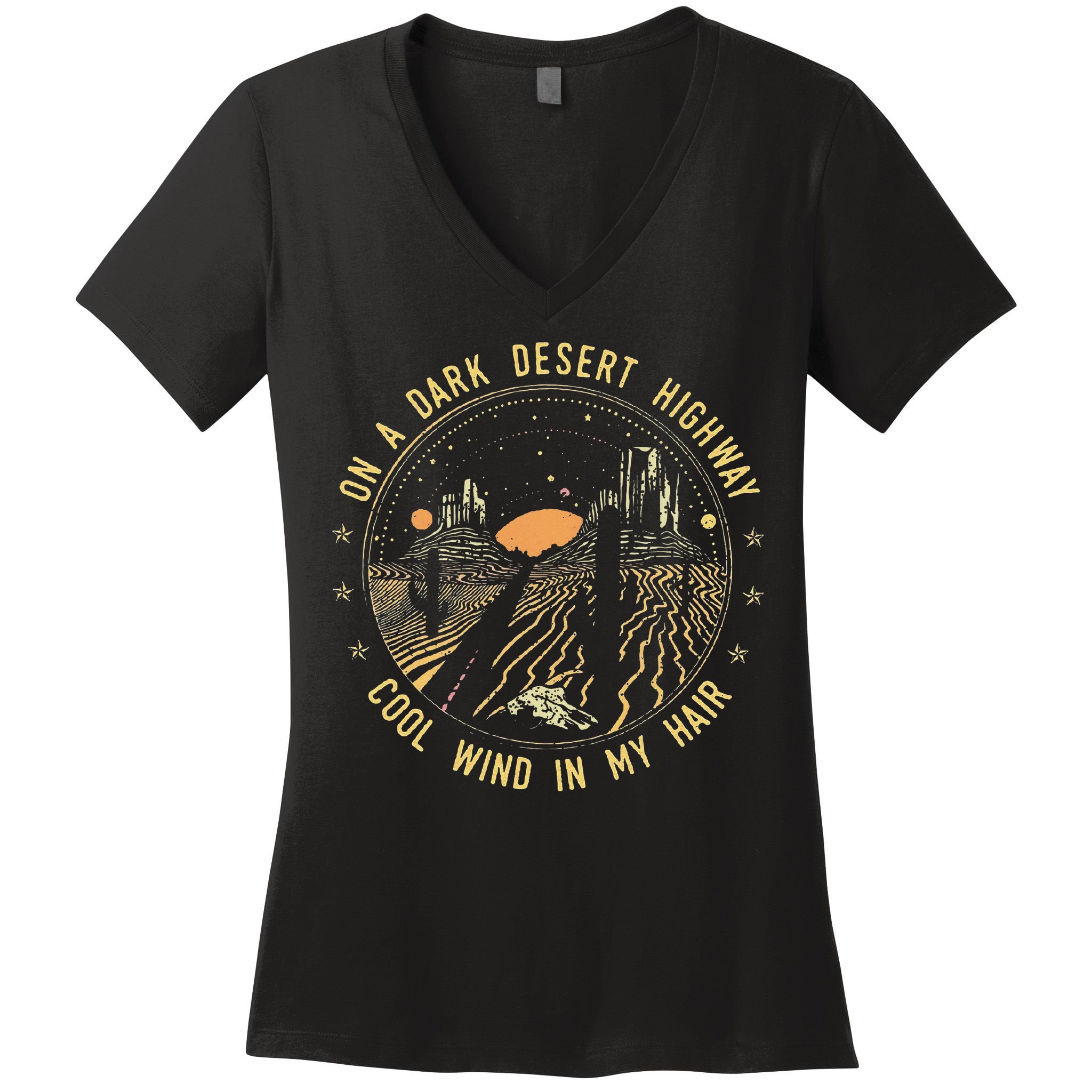 Retro Dark Desert Highway Adventure Camping Women's V-Neck T-Shirt