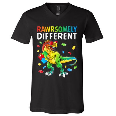 Rawrsomely Different Dinosaur Autism Puzzle V-Neck T-Shirt
