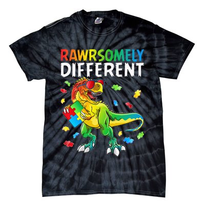 Rawrsomely Different Dinosaur Autism Puzzle Tie-Dye T-Shirt