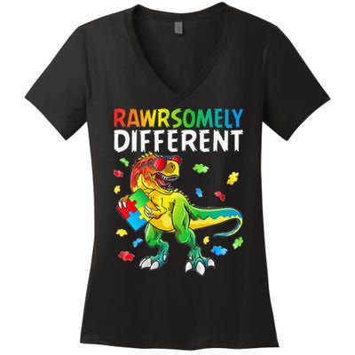 Rawrsomely Different Dinosaur Autism Puzzle Women's V-Neck T-Shirt