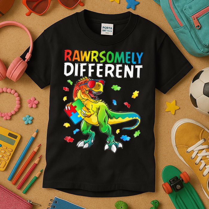 Rawrsomely Different Dinosaur Autism Puzzle Kids T-Shirt