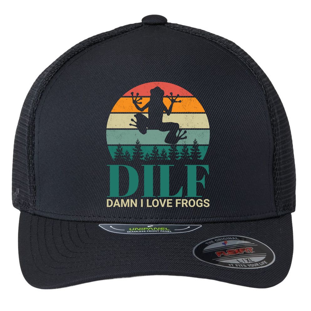 Retro Dilf Damn I Love Frogs Flexfit Unipanel Trucker Cap