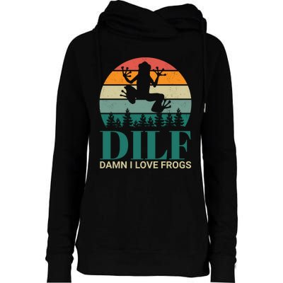 Retro Dilf Damn I Love Frogs Womens Funnel Neck Pullover Hood