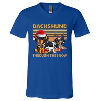 Retro Dachshund Dog Through The Snow Lovers Merry Christmas Gift V-Neck T-Shirt