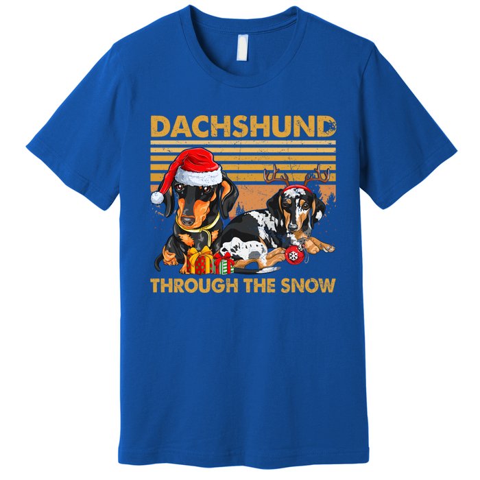 Retro Dachshund Dog Through The Snow Lovers Merry Christmas Gift Premium T-Shirt