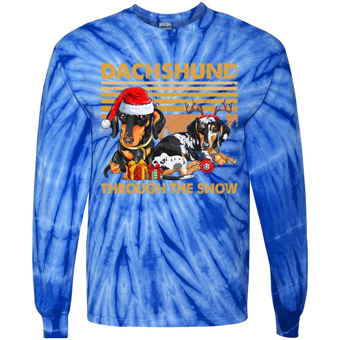 Retro Dachshund Dog Through The Snow Lovers Merry Christmas Gift Tie-Dye Long Sleeve Shirt