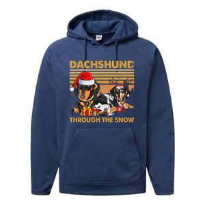 Retro Dachshund Dog Through The Snow Lovers Merry Christmas Gift Performance Fleece Hoodie