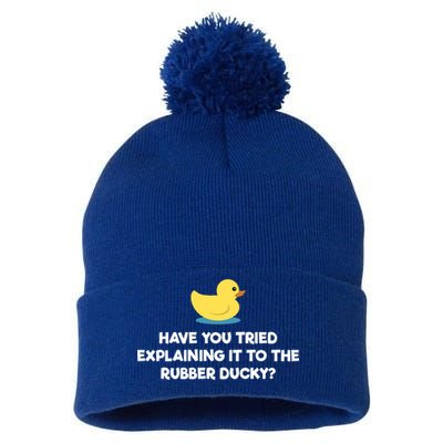 Rubber Duck Debugging Funny Explaining Programmer Coder Gift Pom Pom 12in Knit Beanie