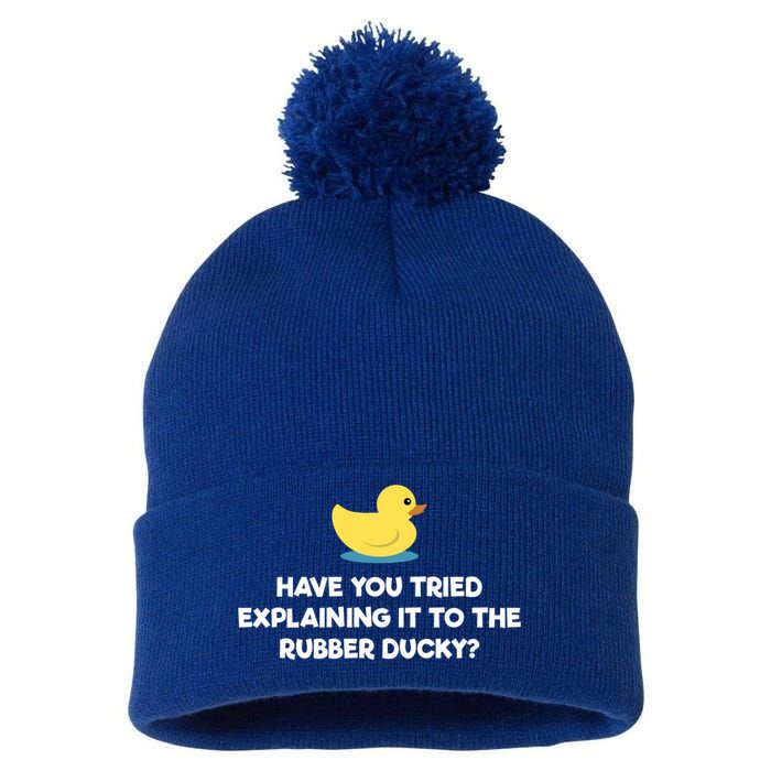Rubber Duck Debugging Funny Explaining Programmer Coder Gift Pom Pom 12in Knit Beanie