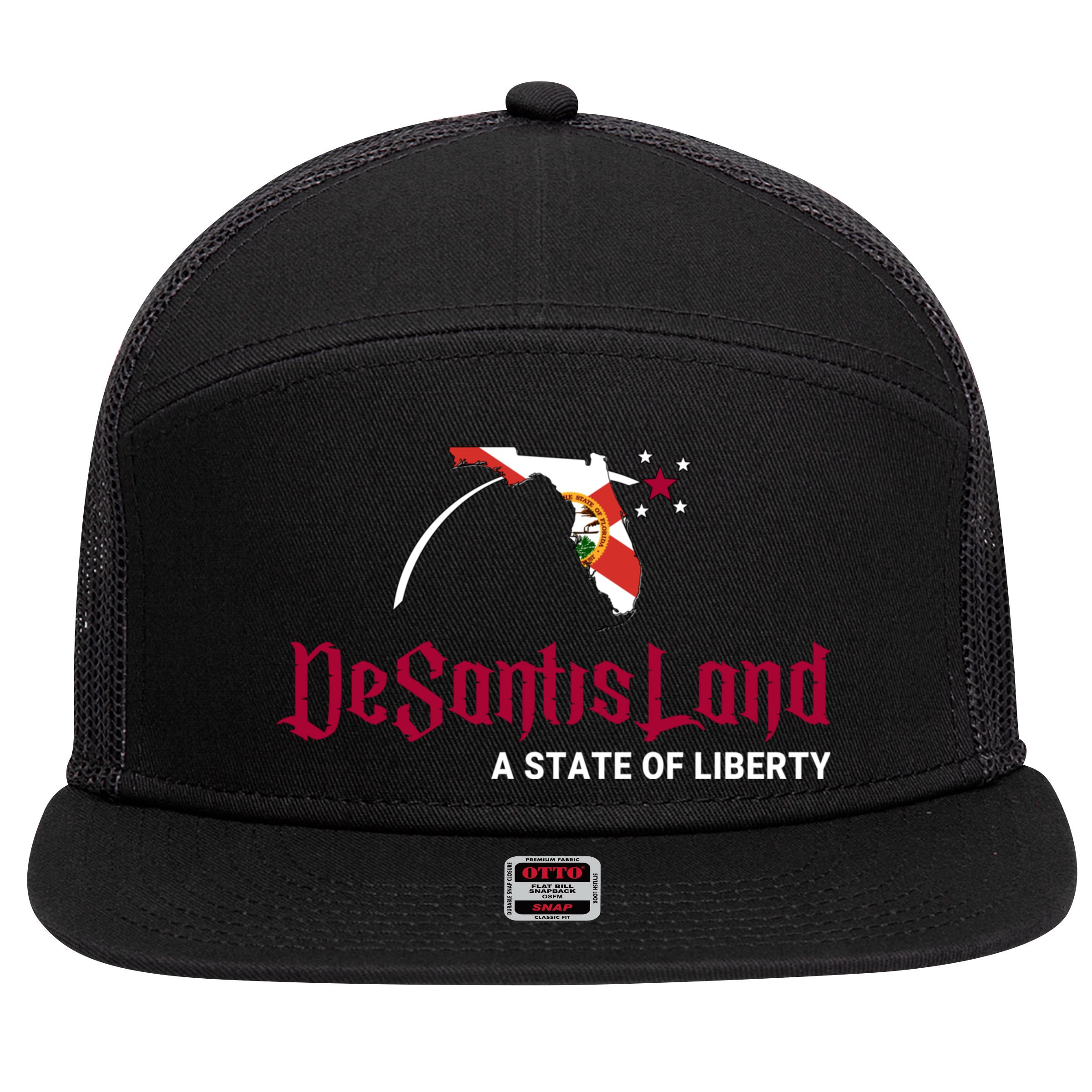 Ron Desantis DeSantisLand State Of Liberty Florida Map FL Flag Patriotic 7 Panel Mesh Trucker Snapback Hat