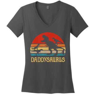 Retro Daddy Dinosaur Daddysaurus Fathers Day Women's V-Neck T-Shirt