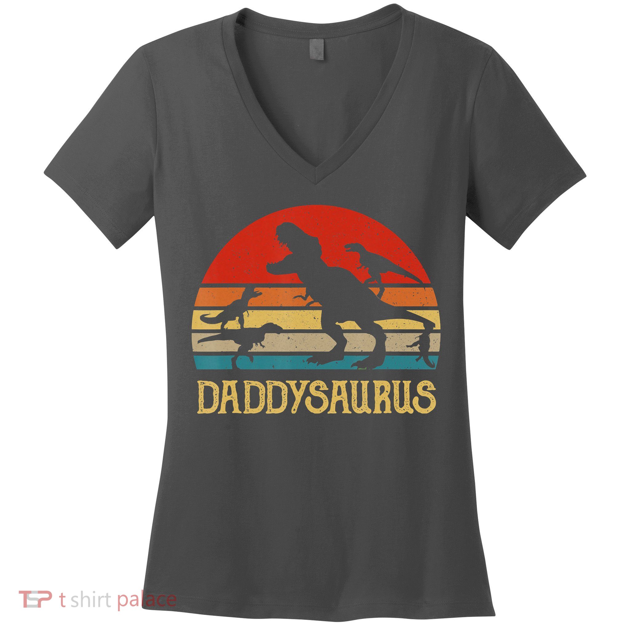 Retro Daddy Dinosaur Daddysaurus Fathers Day Women's V-Neck T-Shirt