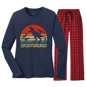 Retro Daddy Dinosaur Daddysaurus Fathers Day Women's Long Sleeve Flannel Pajama Set 