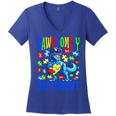 Rawrsomely Different Dinosaur Autism Awareness Puzzle Gift Women's V-Neck T-Shirt