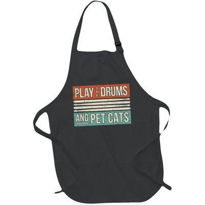 Retro Drummer Drumming Drums Percussion I Kitty Cat Lover Full-Length Apron With Pockets