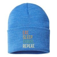 Retro Design Eat Sleep Travel Repeat Vintage Gift Sustainable Knit Beanie