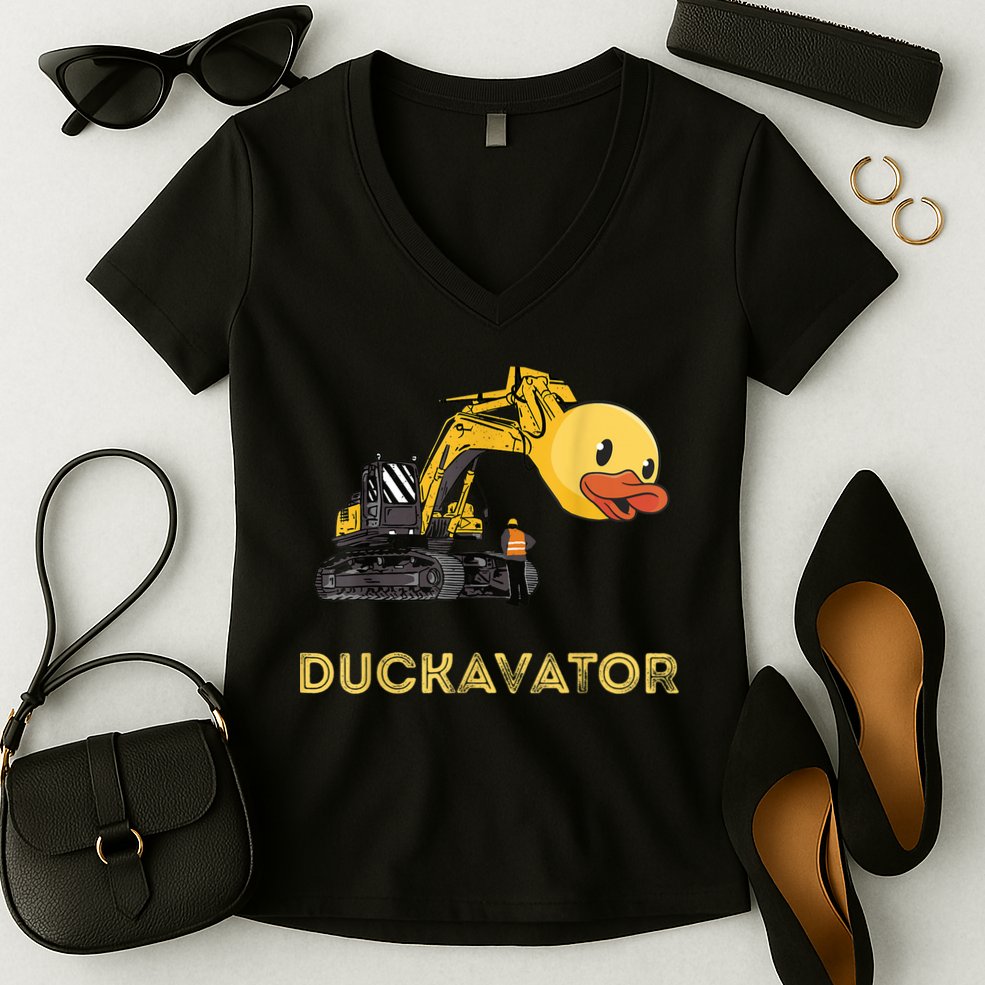 Rubber Duck Excavator Construction Site Backhoe Driver Women's V-Neck T-Shirt