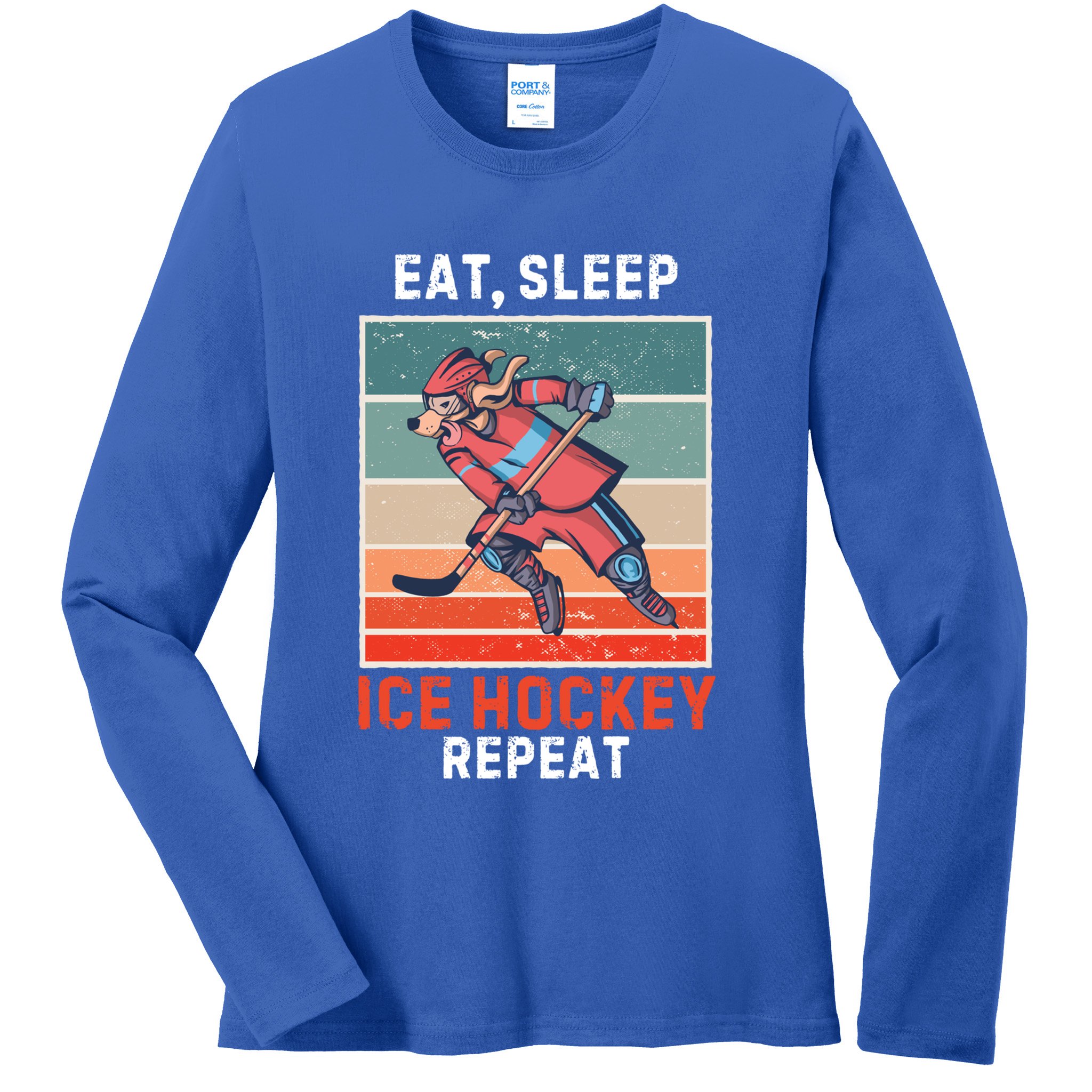Retro Dog Eat Sleep Ice Hockey Repeat Vintage Ice Hockey Great Gift Ladies Long Sleeve Shirt