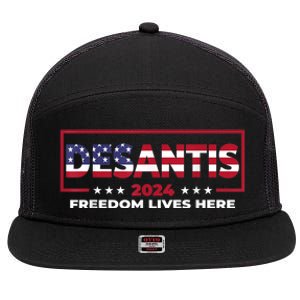 Ron DeSantis Freedom Lives Here Florida 2024 US Flag 7 Panel Mesh Trucker Snapback Hat