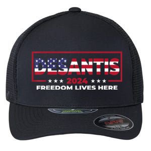 Ron DeSantis Freedom Lives Here Florida 2024 US Flag Flexfit Unipanel Trucker Cap