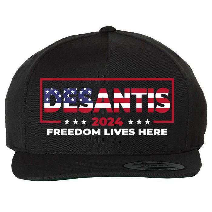 Ron DeSantis Freedom Lives Here Florida 2024 US Flag Wool Snapback Cap