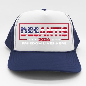 Ron DeSantis Freedom Lives Here Florida 2024 US Flag Trucker Hat