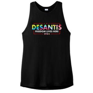 Ron DeSantis Freedom Lives Here Florida 2024 US Flag Tie Dye Ladies PosiCharge Tri-Blend Wicking Tank