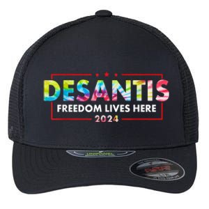 Ron DeSantis Freedom Lives Here Florida 2024 US Flag Tie Dye Flexfit Unipanel Trucker Cap