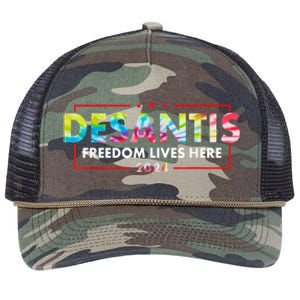 Ron DeSantis Freedom Lives Here Florida 2024 US Flag Tie Dye Retro Rope Trucker Hat Cap