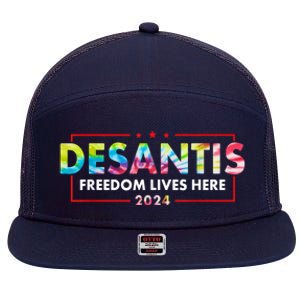 Ron DeSantis Freedom Lives Here Florida 2024 US Flag Tie Dye 7 Panel Mesh Trucker Snapback Hat