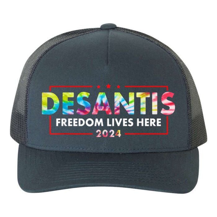 Ron DeSantis Freedom Lives Here Florida 2024 US Flag Tie Dye Yupoong Adult 5-Panel Trucker Hat