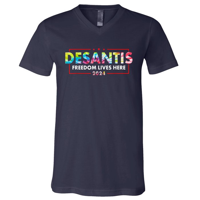 Ron DeSantis Freedom Lives Here Florida 2024 US Flag Tie Dye V-Neck T-Shirt