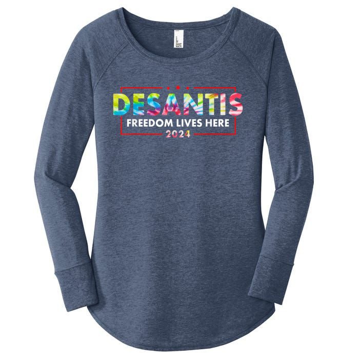 Ron DeSantis Freedom Lives Here Florida 2024 US Flag Tie Dye Women's Perfect Tri Tunic Long Sleeve Shirt