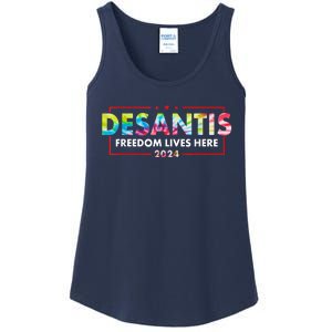 Ron DeSantis Freedom Lives Here Florida 2024 US Flag Tie Dye Ladies Essential Tank