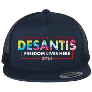 Ron DeSantis Freedom Lives Here Florida 2024 US Flag Tie Dye Flat Bill Trucker Hat