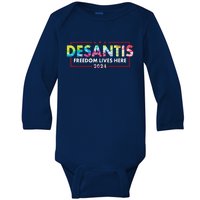 Ron DeSantis Freedom Lives Here Florida 2024 US Flag Tie Dye Baby Long Sleeve Bodysuit