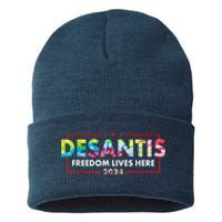 Ron DeSantis Freedom Lives Here Florida 2024 US Flag Tie Dye Sustainable Knit Beanie