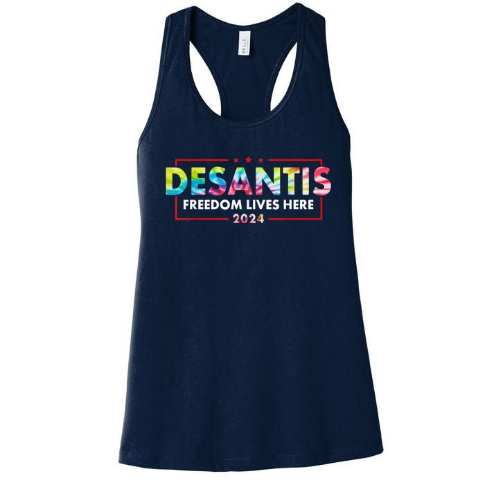 Ron DeSantis Freedom Lives Here Florida 2024 US Flag Tie Dye Women's Racerback Tank